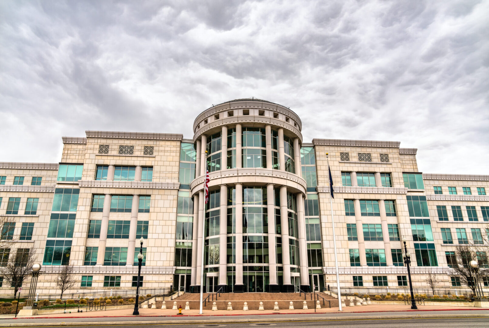 Modern courthouse with curved glass rotunda
