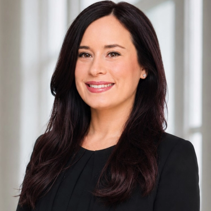 Smiling professional woman with long dark hair